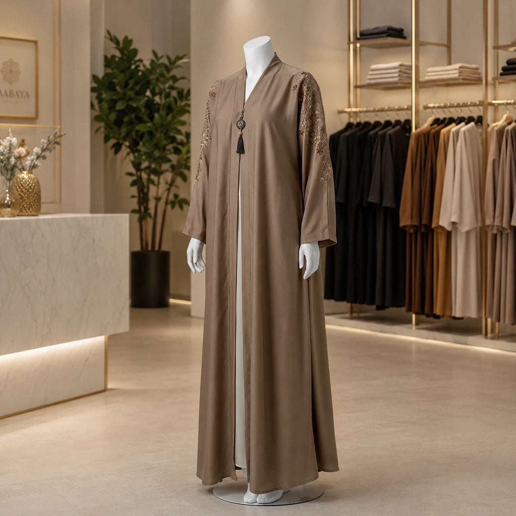 Elegant Taupe Embroidered Sleeve Abaya with Tassel Detail