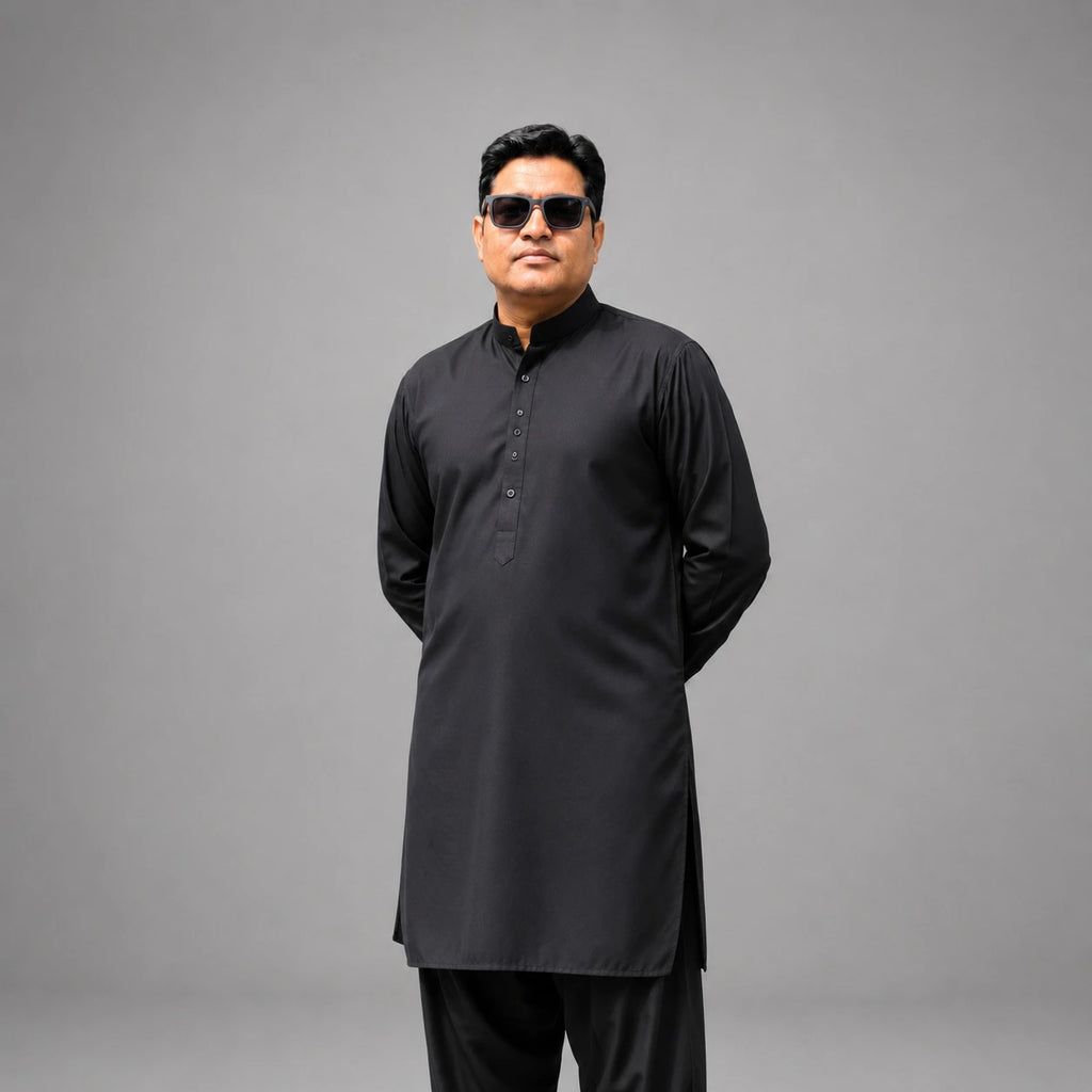 Elegant Portrait in Black Traditional Attire with Modern Home Background